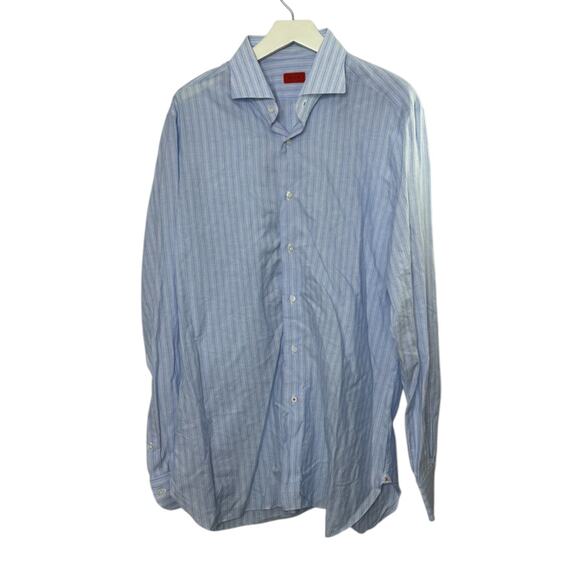 Isaia Napoli Button Up Dress Shirt Mens 17.5/44 Stripe Cotton Made In Italy - Picture 1 of 8